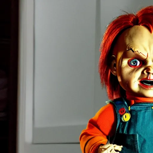 Prompt: Chucky the killer doll from the movie Child's Play looking sinister movie still 8k hdr highly detailed