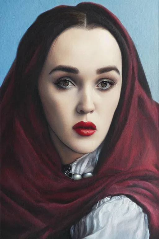 Image similar to hyperrealism oil painting, close - up portrait of isabelle adjani medieval brunette vampire fashion model, knight, steel gradient mixed with nebula sky, in style of baroque