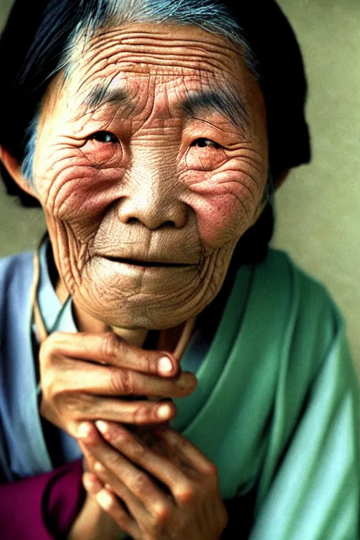 Prompt: photograph of an old japanese woman, photograph by steve mccurry