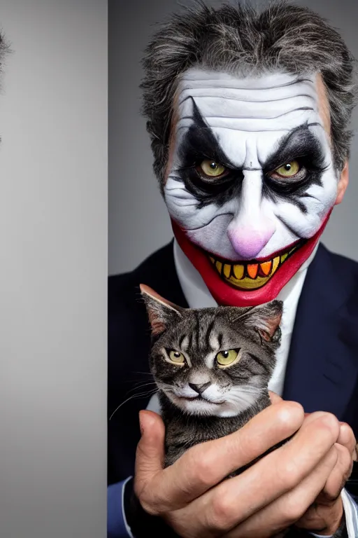 Prompt: Mauricio Macri with an angry cat in his hand in Elaborate Joker Makeup and prosthetics designed by Rick Baker, Hyperreal, Head Shots Photographed in the Style of Annie Leibovitz, Studio Lighting