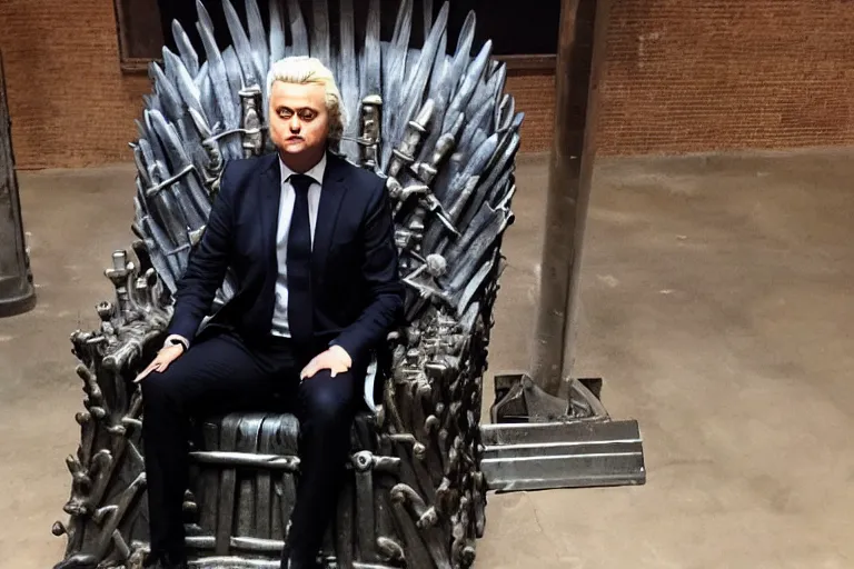 Image similar to geert wilders sitting on the iron throne