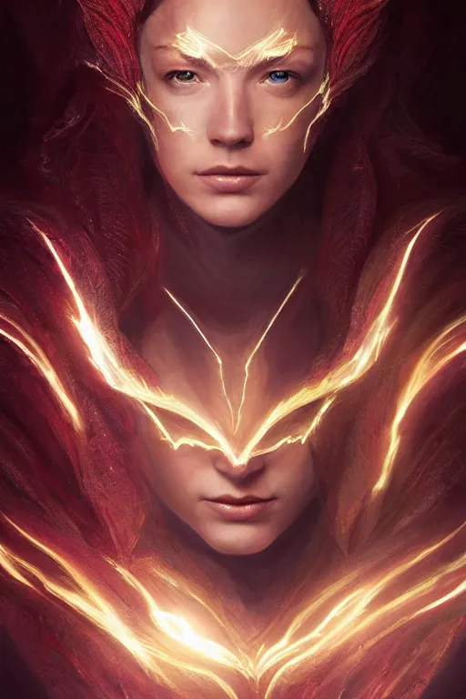 Image similar to Majestic and regal portrait of a female The Flash, DC universe, Perfect face, beautiful, intricate, epic, elegant, menacing, fantasy, highly detailed, digital painting, hard focus, beautiful volumetric lighting, epic light, ultra detailed, by Leesha Hannigan, Ross Tran, Thierry Doizon, Kai Carpenter, Ignacio Fernández Ríos