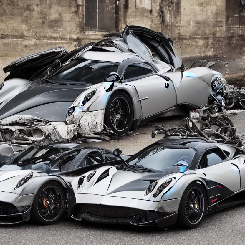 Image similar to my awesome pagani huayra after a fender bender, 4 k, highly detailed, award winning, look at all that detail!