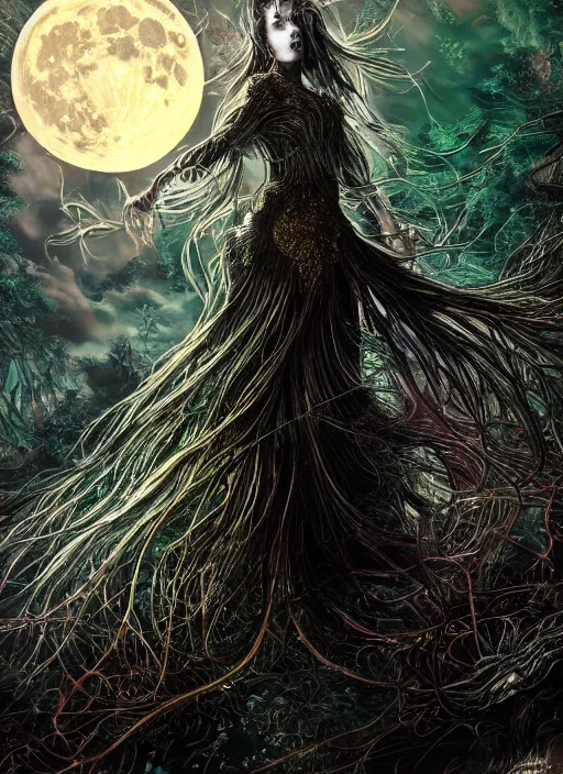 Image similar to glowing silver and golden elements, full close-up portrait, A beautiful dark witch in front of the full big moon, book cover, green forest, red white black colors, establishing shot, extremly high detail, foto realistic, cinematic lighting, pen and ink, intricate line drawings, by Yoshitaka Amano, Ruan Jia, Kentaro Miura, Artgerm, post processed, concept art, artstation, matte painting, style by eddie, raphael lacoste, alex ross