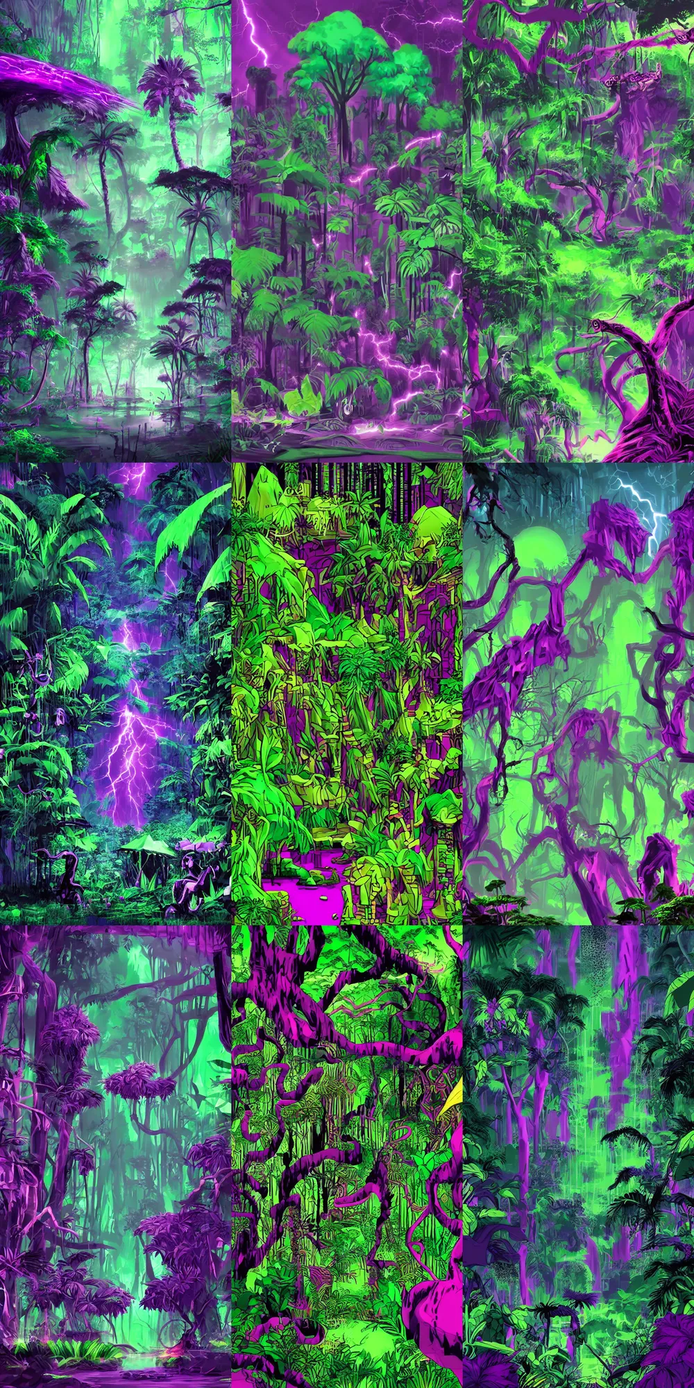 Prompt: Magic jungle, digital graffiti landscape detailed sci-fi fantasy surreal dark green, black, purple, fuchsia moody lightning, deep shadows HD,