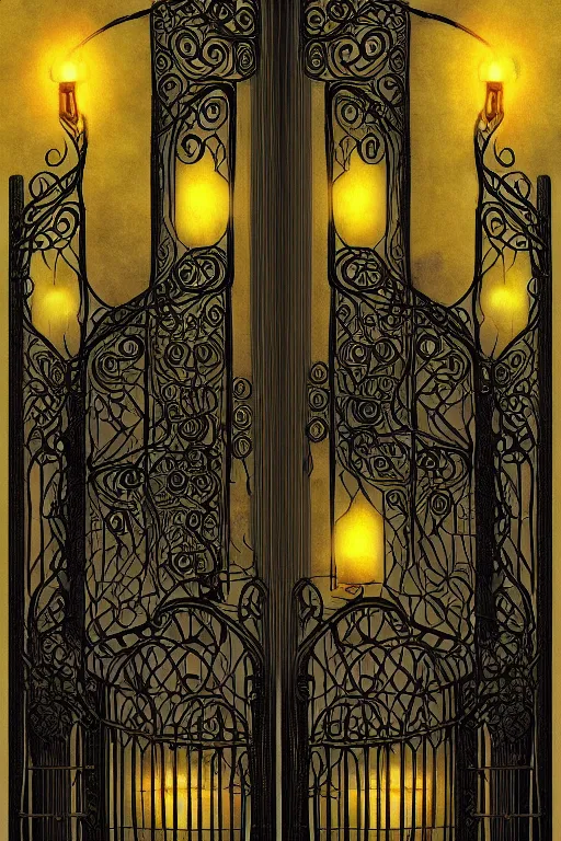 Prompt: a beautiful digital illustration painting of a detailed gothic fantasy fireflies and iron gate vines by giorgio de chirico, and david rios ferreira. 8 k resolution trending on artstation concept art digital illustration