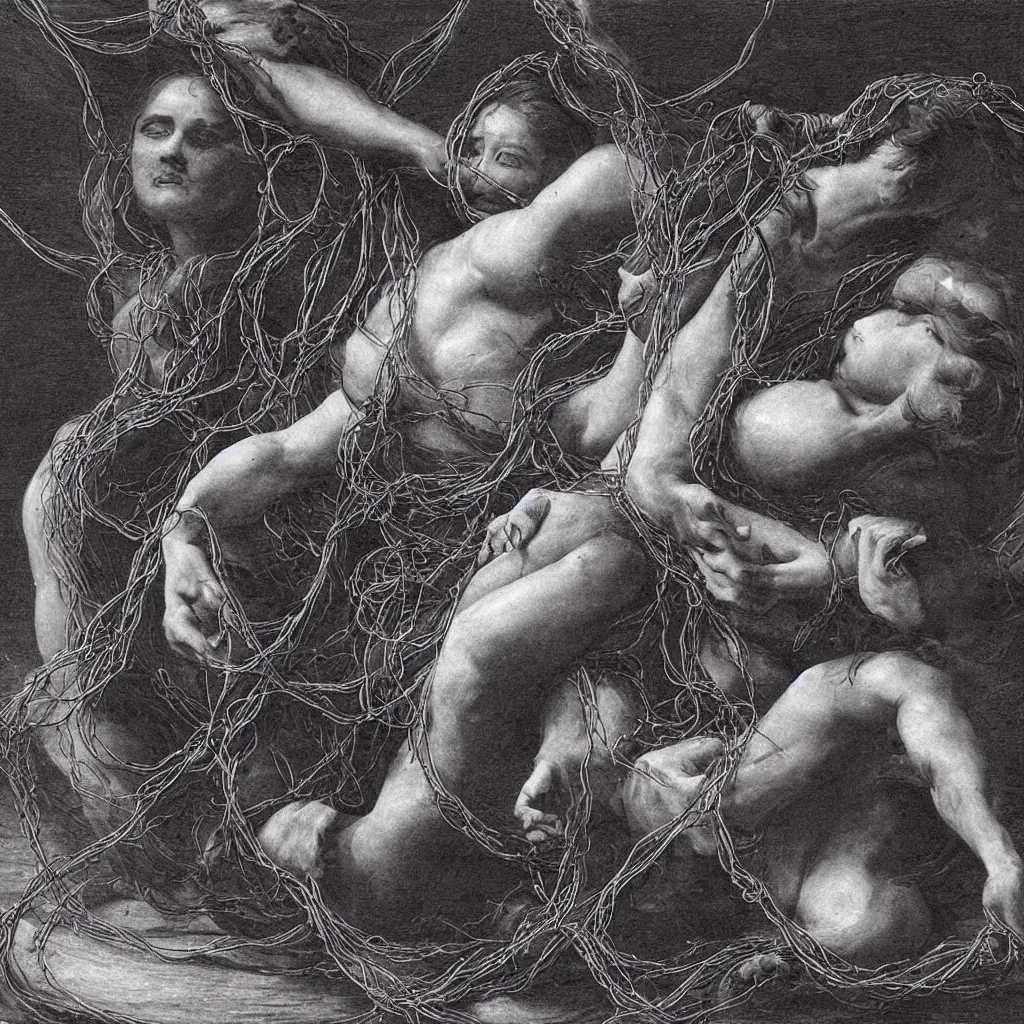 Prompt: a woman entangled in the thick black cables in the style of the laocoon of the vatican