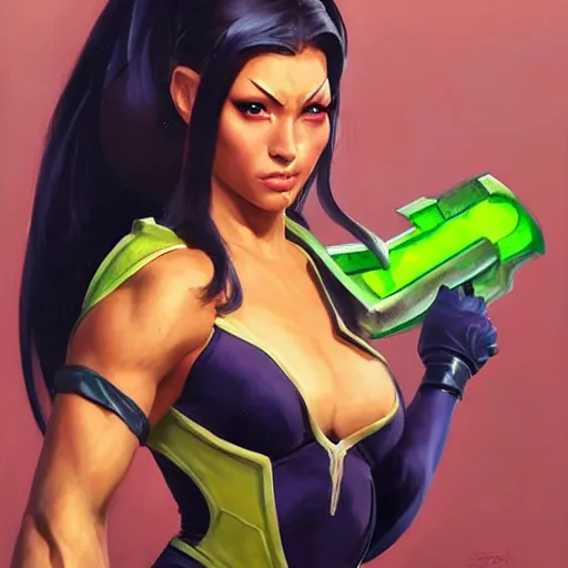 Image similar to greg manchess portrait painting of jade from mortal kombat as overwatch character, medium shot, asymmetrical, profile picture, organic painting, sunny day, matte painting, bold shapes, hard edges, street art, trending on artstation, by huang guangjian and gil elvgren and sachin teng