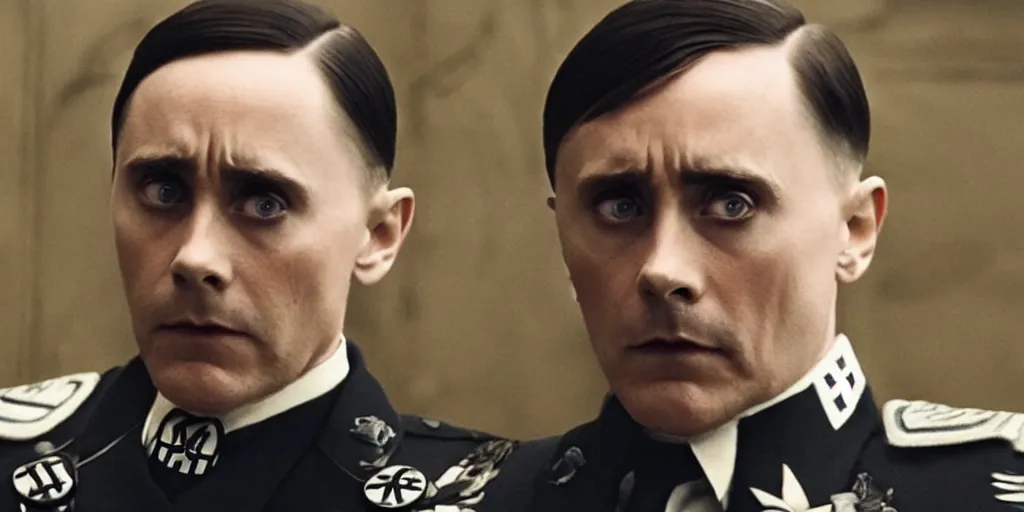 Image similar to Jared Leto as Adolf Hitler in 'The Death of Hitler' (2023), movie still frame