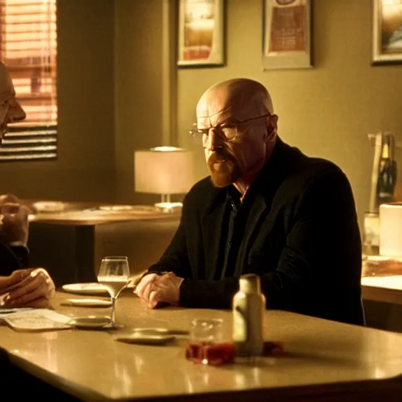 Image similar to Still of Walter White in The Sopranos at the Bada Bing talking with Tony Soprano, dark lighting