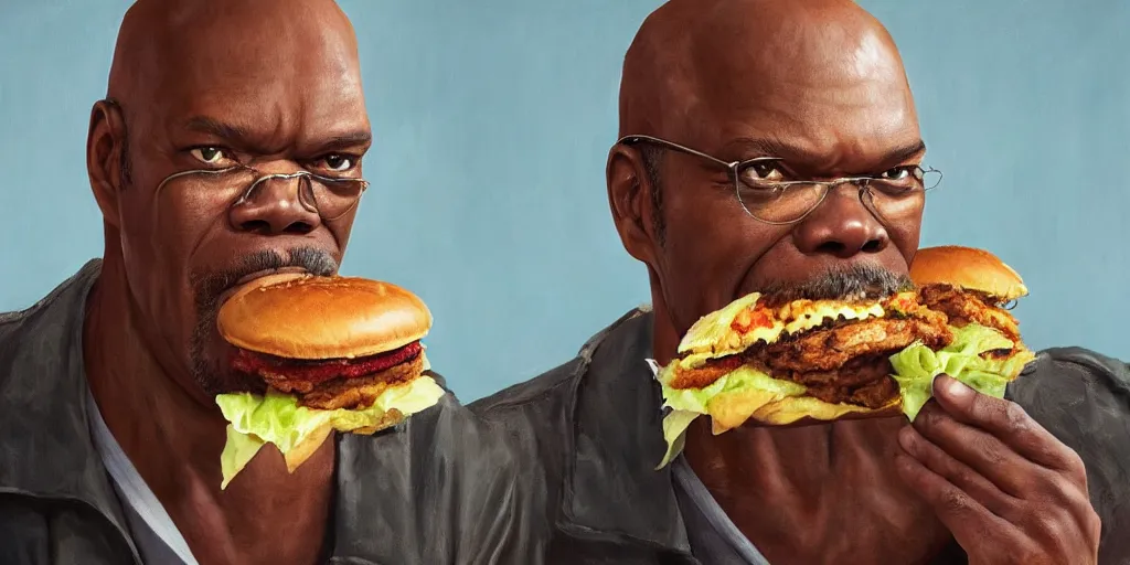 Image similar to highly detailed portrait painting of samuel l jackson eating burger in russia, perfect symmetrical eyes, by eddie mendoza and tyler edlin, 8 k resolution