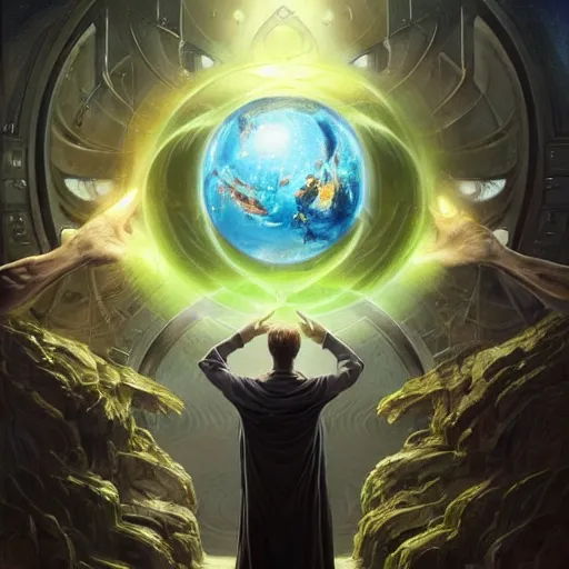 Image similar to the creator of worlds wearing a cloak and holding a holographic planet projection in his hand, detailed, sci - fi, digital painting, artstation, sharp focus, illustration, ominous, artgerm, tomasz alen kopera, peter mohrbacher, donato giancola, joseph christian leyendecker, wlop, frank frazetta