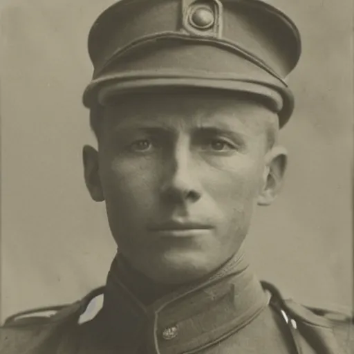 Image similar to World War 1 soldier with shellshocked expression, close-up, photograph