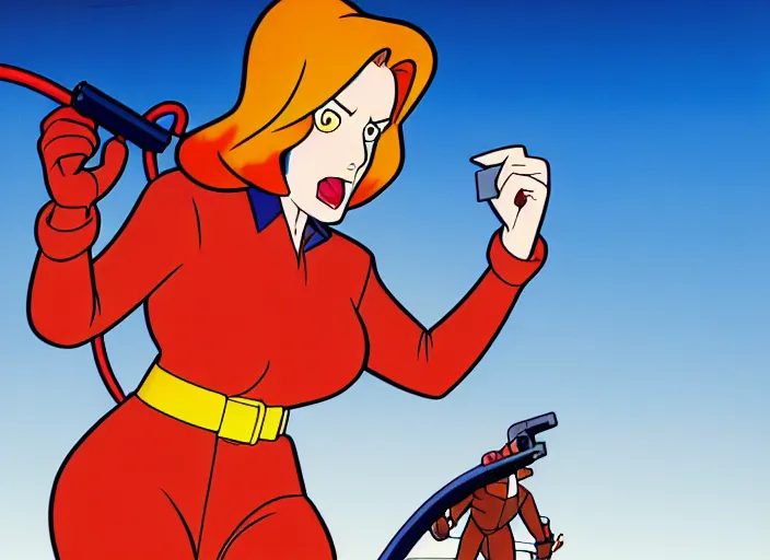 Prompt: dana scully on the real ghostbusters, shaded animation cel, anime, sharp detail, animation cel, thin linework, in the style of don bluth, bruce timm, stephen silver, studio trigger, 5 k, hd