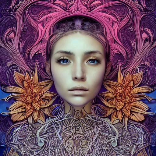 Image similar to the portrait of an incredibly beautiful woman made of onions and lilies, an ultrafine detailed illustration by james jean, final fantasy, intricate linework, bright colors, behance contest winner, vanitas, angular, altermodern, unreal engine 5 highly rendered, global illumination, radiant light, detailed and intricate environment