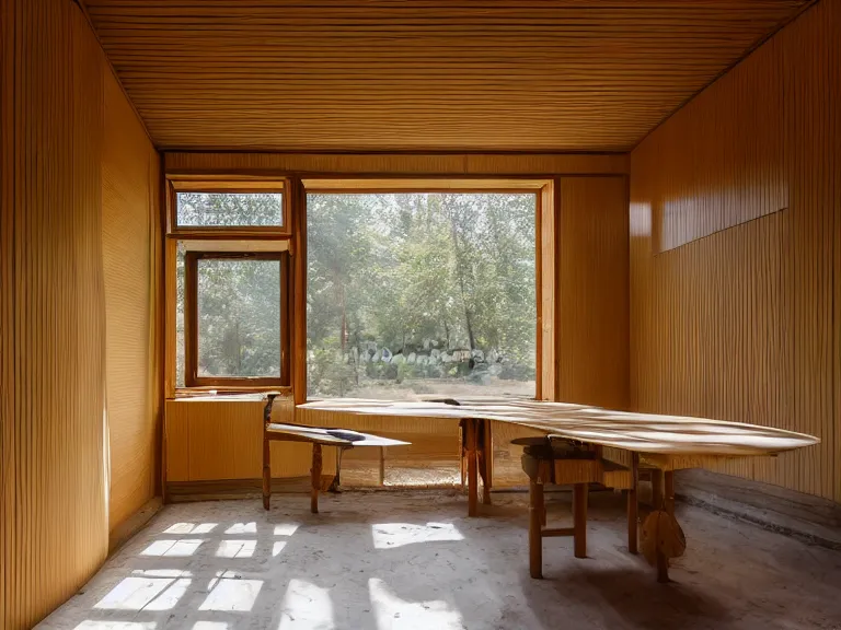Image similar to hyperrealism design by frank lloyd wright and kenzo tange photography of beautiful detailed small house around the forest in small ukrainian village by taras shevchenko and wes anderson and caravaggio, wheat field behind the house, volumetric natural light