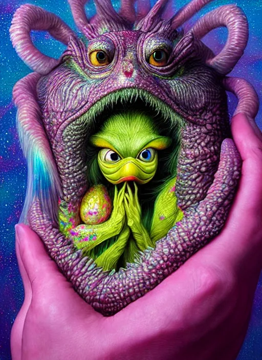 Image similar to hyper detailed 3d render like a Oil painting - kawaii portrait Aurora (a skeksis from dark crystal that looks like Anya Taylor-Joy) seen Eating of the Strangling network of yellowcake aerochrome and milky Fruit and His delicate Hands hold of gossamer polyp blossoms bring iridescent fungal flowers whose spores black the foolish stars by Jacek Yerka, Ilya Kuvshinov, Mariusz Lewandowski, Houdini algorithmic generative render, Abstract brush strokes, Masterpiece, Edward Hopper and James Gilleard, Zdzislaw Beksinski, Mark Ryden, Wolfgang Lettl, hints of Yayoi Kasuma, octane render, 8k