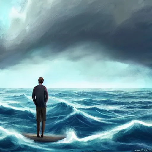 Image similar to a single man on a boat who is amazed by the beauty of a huge storm in the middle of the sea that is about to absorb him and end his life, illustration, digital art, d & d, trending on art station, masterpiece