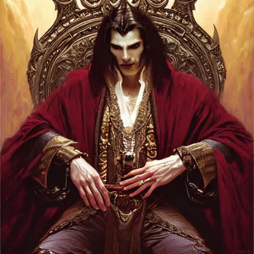 Image similar to perfectly centered portrait of attractive vampire king in a robe sitting on a throne of bones, highly detailed painting by gaston bussiere, craig mullins, j. c. leyendecker, 8 k