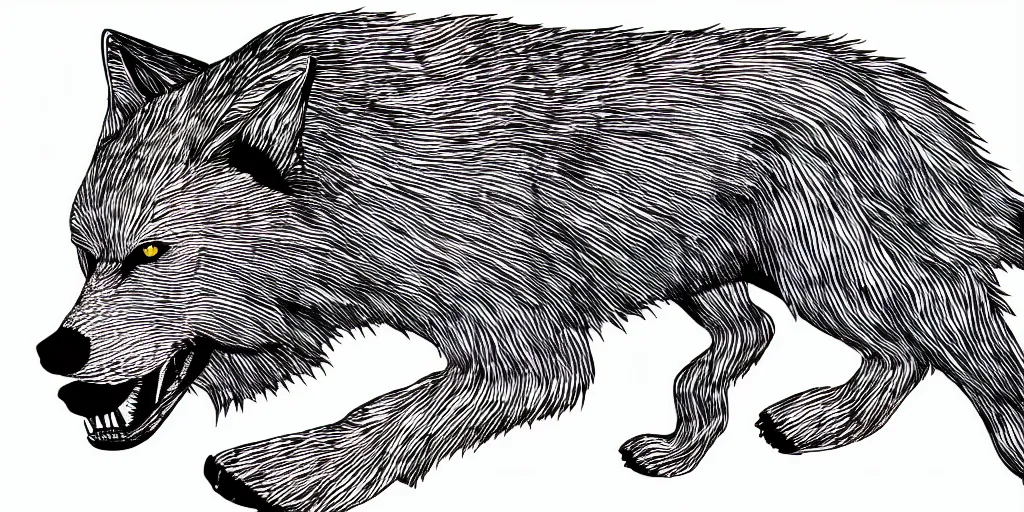 Prompt: digital art of a full-body outline of a running wolf, simple, no color, high quality, HD, 8K,