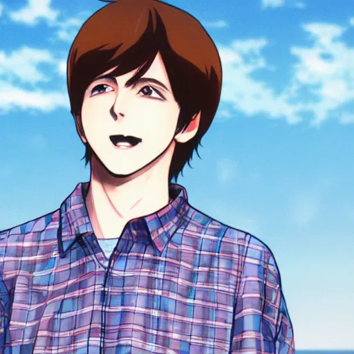 Image similar to anime illustration of young Paul McCartney from the Beatles, wearing a blue check shirt, long sideburns, on a yacht at sea, smiling at camera, ufotable