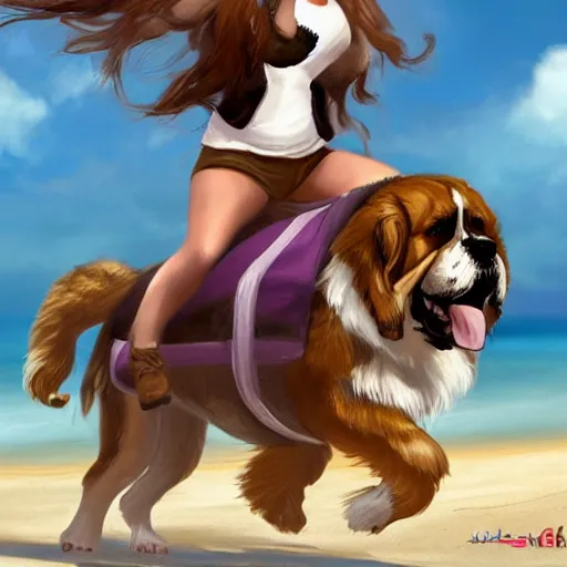 Prompt: girl riding a giant saint Bernard at the beach playing fetch, trending on artstation