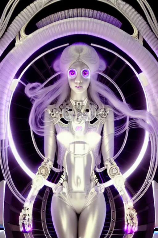 Image similar to feminine cyborg goddess rendered in Cinema 4D, elegant and ornate futuristic silk robes, held aloft by thousands of wires in a pristine white scifi room, right hand help up with a elaborate tech port in the center, left hand with a holographic book open, glowing white neon eyes, platinum and obsidian flowing long hair, art by Artgerm and Alphonse Mucha, hyperrealism, full body photogenic shot, digital render, cinematic lighting ornate earrings, 8k resolution, masterpiece work