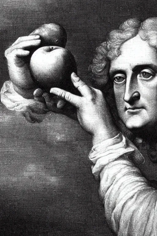 Image similar to isaac newton holding an apple, collage