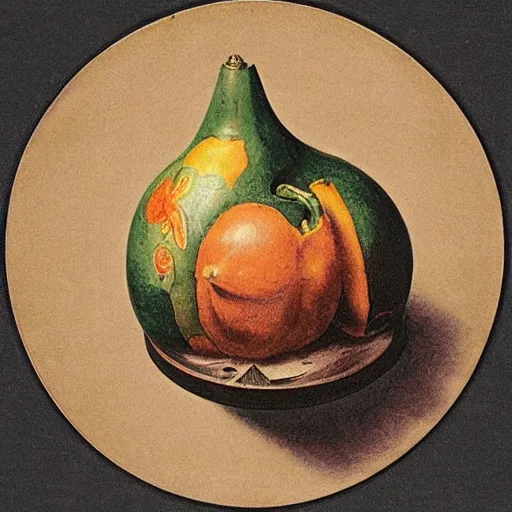 Prompt: round intricate 1920's galaxy circle thrush bronze canteen papaya , by William Hogarth and Martin Johnson Heade and Albrecht Durer , DC Comics , An art deco , Mixed media