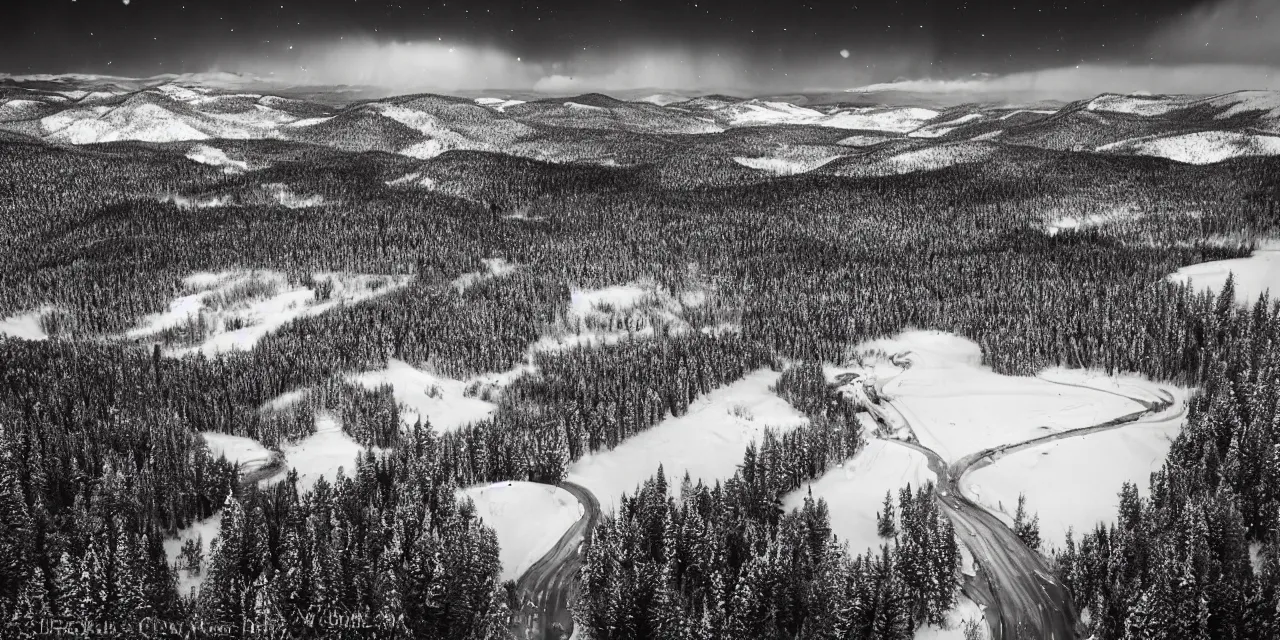 Image similar to laurentian appalachian mountains in winter, unique, original and creative landscape, aerial photography by ansel adams, snowy night, distant town lights, aurora borealis, deers and ravens, footsteps in the snow, brilliant composition