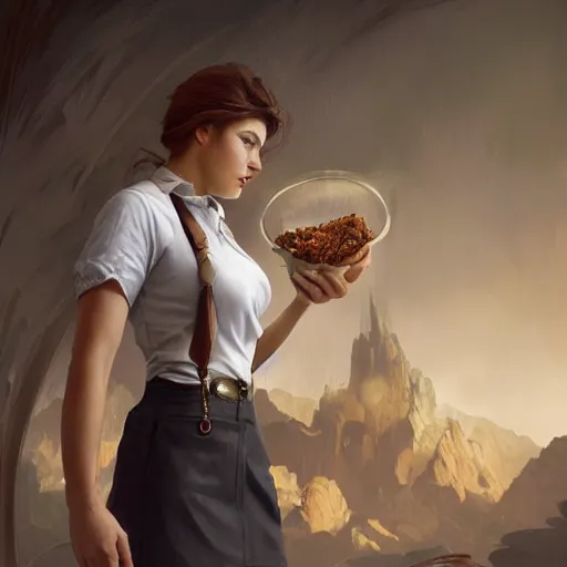 Image similar to epic portrait an muscular waitress wearing short sleeved uniform and carrying food, digital painting, artstation, concept art, soft light, hdri, smooth, sharp focus, illustration, fantasy, intricate, elegant, highly detailed, D&D, matte painting, in the style of Greg Rutkowski and Alphonse Mucha and artemisia, 8k, highly detailed, jurgens, rutkowski, bouguereau, pastoral, rustic, georgic, detailed concept art, illustration, colorful pastel, painting, detail, ultra detailed, digital art, 4K,