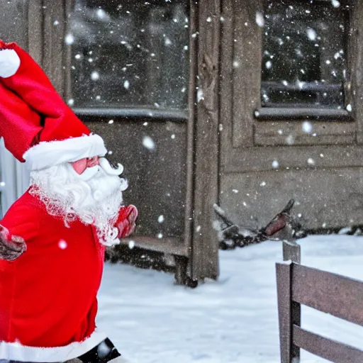 Image similar to a rabbit dressed as santa, stands outside a brown swedish cottage, snowing, in the style of jenny nystrom