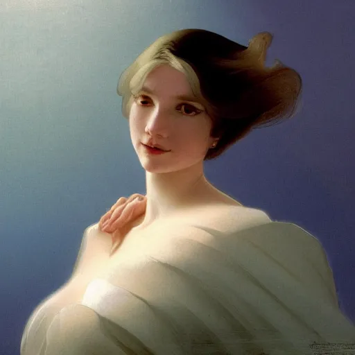 Image similar to young woman's face, her hair is white and she wears a cobalt blue duchesse satin cloak, by syd mead and moebius and roger dean and gaston bussiere and ivan aivazovsky and willem claesz and pieter claesz and paul delaroche and alma tadema and aelbert cuyp, hyperrealistic, volumetric light, octane