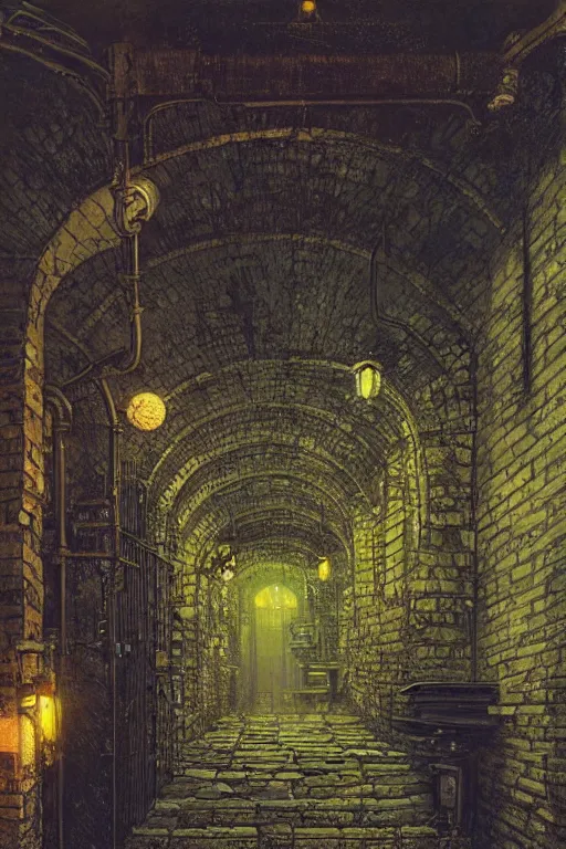 Image similar to beautiful matte steampunk cellar pipe dreams by john atkinson grimshaw