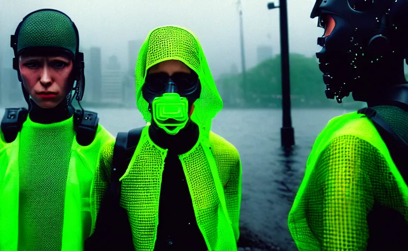 Prompt: cinestill 5 0 d candid photographic portrait by helen levitt of two cyborgs wearing rugged neon green mesh techwear in treacherous waters, extreme closeup, modern cyberpunk moody depressing cinematic, pouring rain, vaporwave, dystopian atmosphere, 8 k, hd, high resolution, 3 5 mm, f / 3 2, ultra realistic faces, ex machina