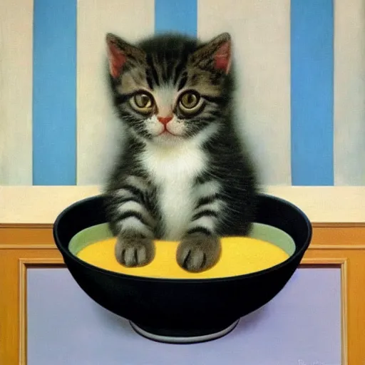 Image similar to rene magritte painting of a baby kitten inside of a bowl of soup