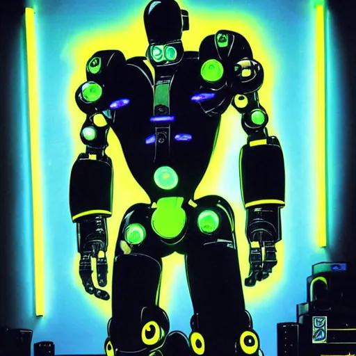 Prompt: the headless full - metal kerberos robot sirius in electrical wired neon yellow noir outfit, with eye - shaped neon lights in its torso, anime poster by yoji shinkawa, artgerm, esao andrews and yoshitaka amano