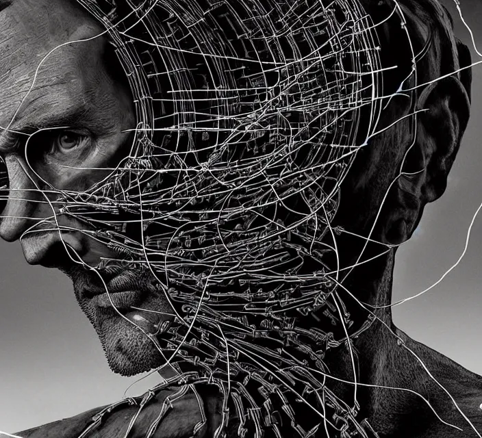 Prompt: biblical intense scene detailed programmer composed of wires, straight wires, at the monitor, gray gamma, gray wires, still from hyperrealism movie biblical desert as a background filled with details by george orwell and denis villeneuve and gaspar noe. perfect face. the golden ratio, symmetry