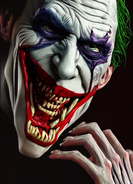 Prompt: A portrait of the Joker with translucent skin, visible muscles and veins and arteries and bones and spines and nerves, beautiful detailed intricate insanely detailed octane render, 8k artistic photography, photorealistic, chiaroscuro, by David Cronenberg, Raphael, Caravaggio