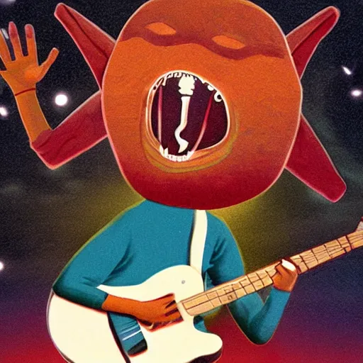 Prompt: hyperrealistic image of alien singing at a rock concert in the 1 9 6 0 s