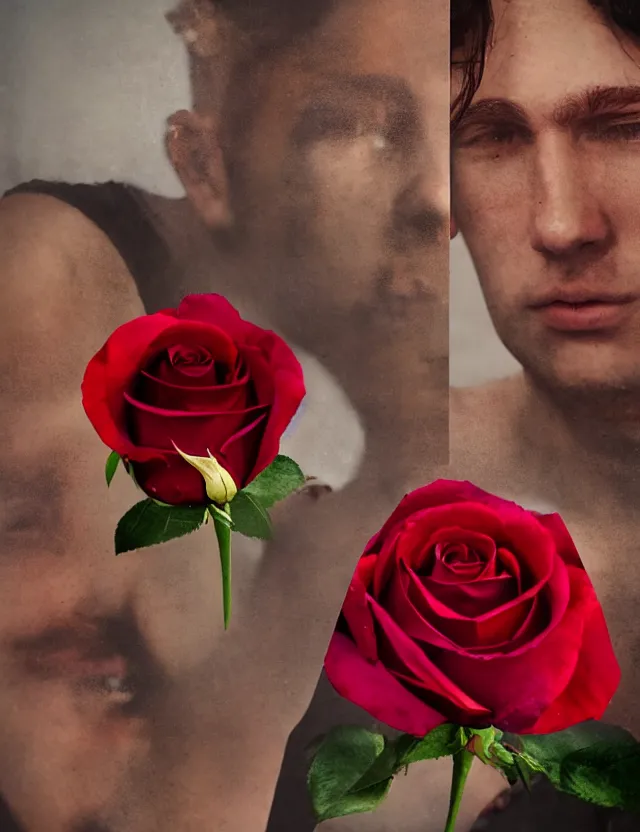 Prompt: a double exposure image of a person and a rose flower by brando chiesa, yeray perez and juan david rendon