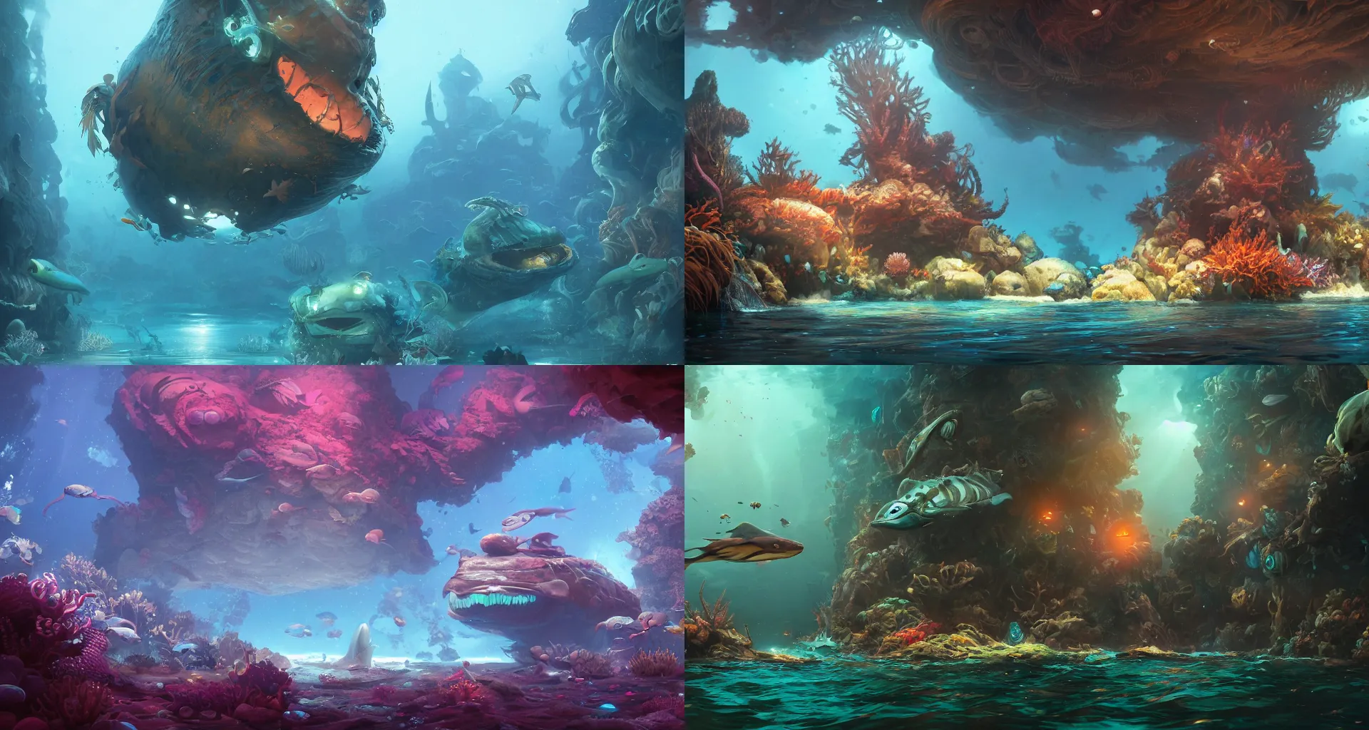 Prompt: a beautiful detailed matte painting of underwater creatures by alejandro burdisio, by greg tocchini, by james gilleard, dynamic lighting, bioluminescence, vibrant, clean, ultra detailed, sharp, octane render, cgsociety, 8 k hdr, artstation