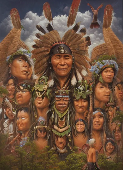 Image similar to faces of indigenous amazonian grandfathers and grandmothers spirits in the clouds, smiling, protection, benevolence, ancestors, detailed faces, art by christophe vacher