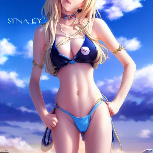 Image similar to a very beautiful anime mature girl, full body, long wavy blond hair, sky blue eyes, full round face, short smile, bikini, miniskirt, front view, medium shot, mid-shot, highly detailed, cinematic wallpaper by Stanley Artgerm Lau