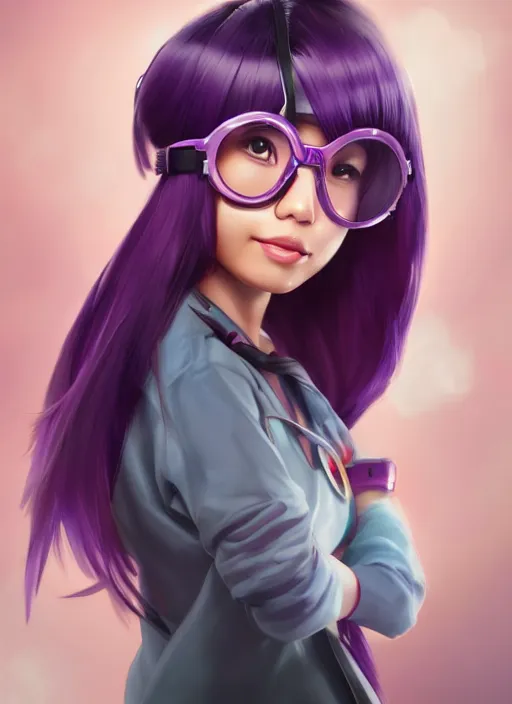 Prompt: a beautiful asian female scientist, cute and calm, purple hair, goggles, character, closeup headshot, in the style of artgerm, artstation, wlop, alexis franklin, cgsociety, 8 k resolution, detailed
