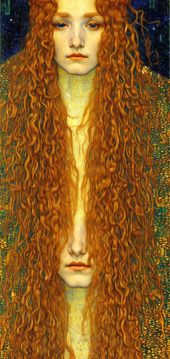 Image similar to detailed realistic beautiful young medieval queen face portrait by jean delville, gustav klimt and vincent van gogh, art nouveau, symbolist, visionary, gothic, pre - raphaelite, muted earthy colors, desaturated