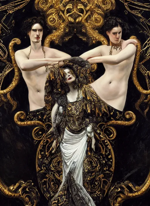 Prompt: highly detailed oil painting | very intricate | cinematic lighting | black, white and gold color scheme, dark background | decorative seamless pattern by alexander mcqueen | by roberto ferri, by gustav moreau, by singer sargent and klimt, american romanticism, occult art | by austin osman spare, artstation, cgsociety, official art, octane