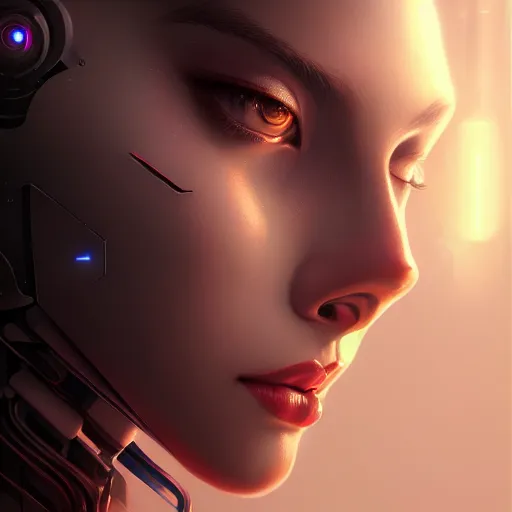 Image similar to portrait of beautiful girl with robot body by artgerm and fenghua zhong, close up, portrait, cinematic, elegant, artstation, intricate, highly detailed, digital painting, artstation, concept art, sharp focus, illustration, cyberpunk, cgsociety, 8 k