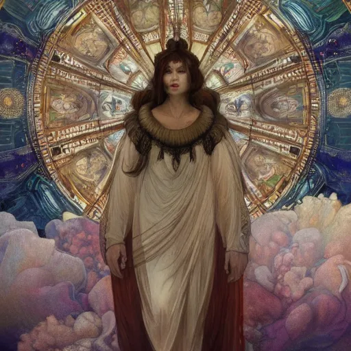 Image similar to hyperrealistic detailed of a macabre seraphim layers of fear in the space and stars in style of biscg and mucha sharp focus 8 k