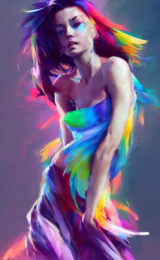 Image similar to a cute woman with rainbow hair dancing, cute tube-top long dress, In style of Yoji Shinkawa, wojtek fus, by Makoto Shinkai, concept art, highly detailed